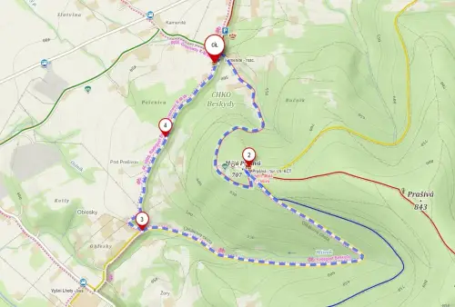Mapa výletu na Prašivou od Kohutky a do Lesoparku v Dobraticích